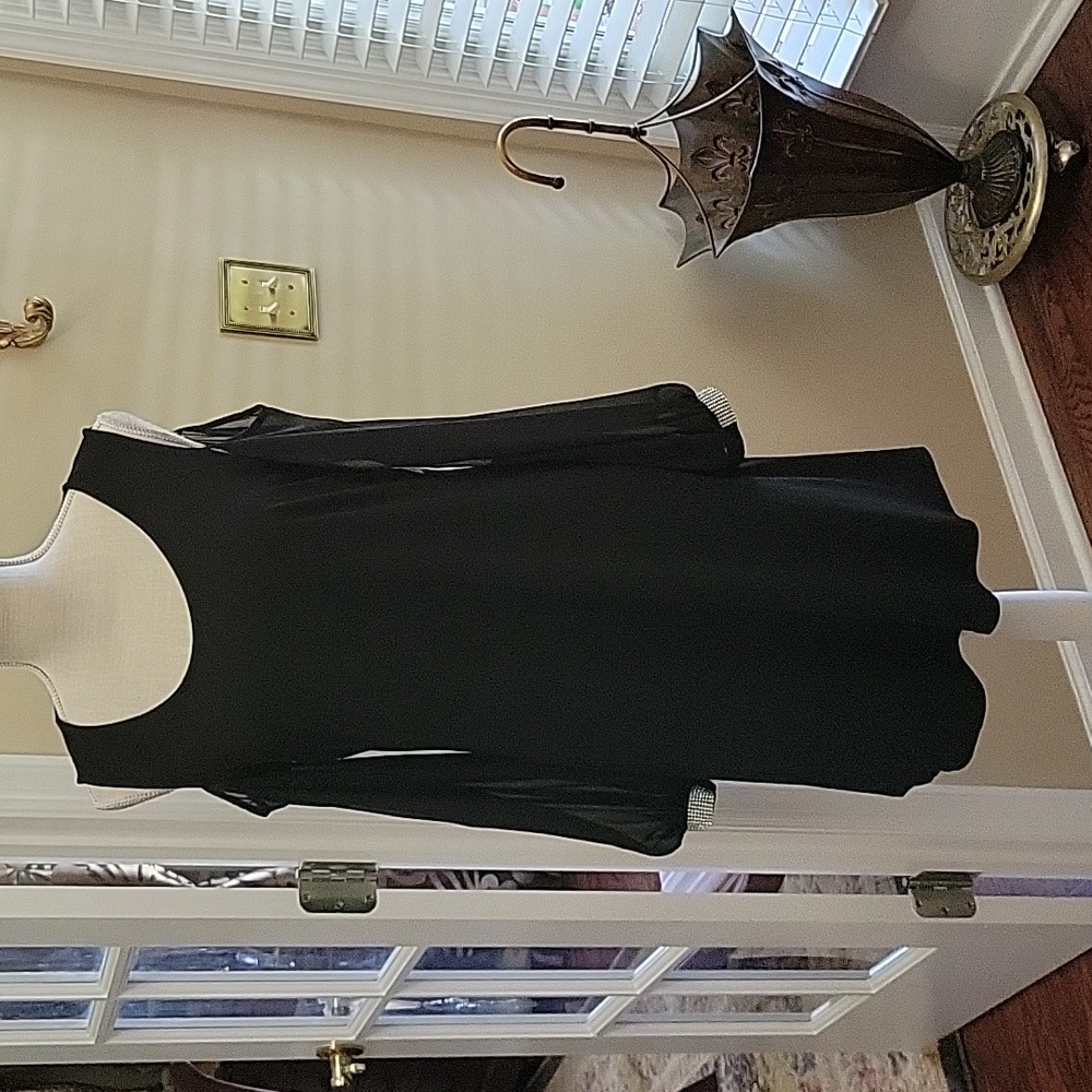 MSK Black Dress Long Sheer Sleeve Cold Shoulder Rhinestone cuffs Stretch 8 NEW…